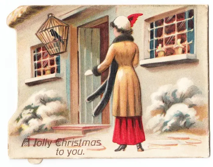Framed Print : Woman approaching house on a Christmas card Framed Print : Woman approaching house on a Christmas card