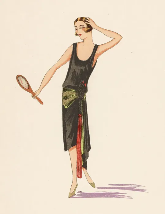 Framed Print : Woman in an asymmetrical evening gown holding a mirror. 1924 Framed Print : Woman in an asymmetrical evening gown holding a mirror. 1924