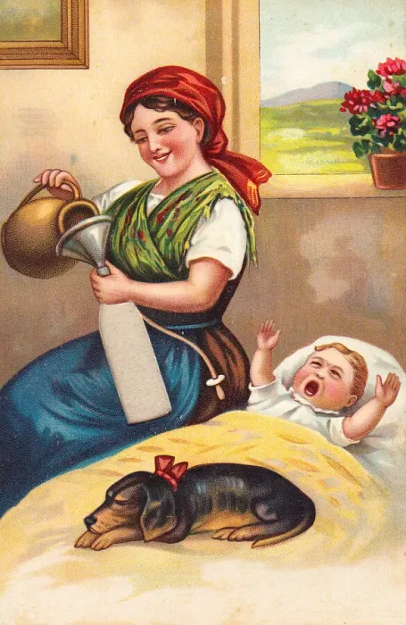 Framed Print : Woman and baby on a comic German greetings card Framed Print : Woman and baby on a comic German greetings card