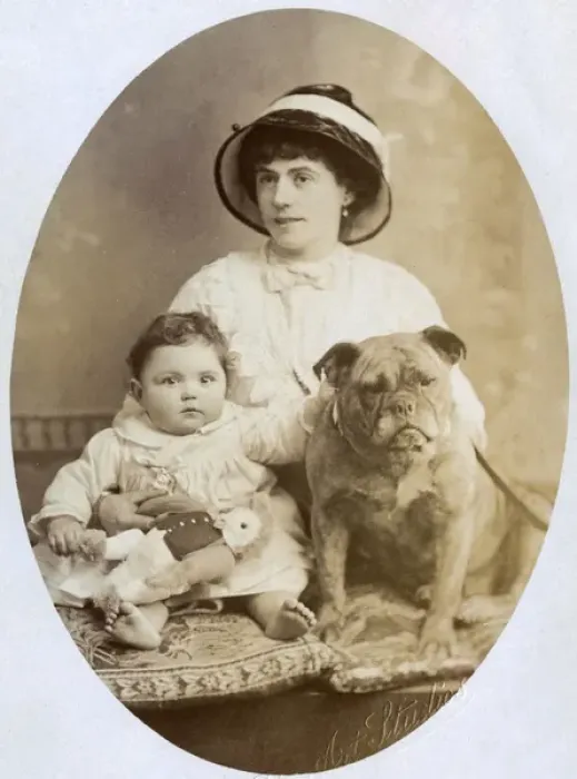 Framed Print : Woman with baby and dog in studio photo Framed Print : Woman with baby and dog in studio photo