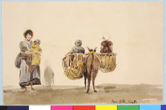 Framed Print : Woman with Baby, and Donkey with Panniers Carrying two Child Framed Print : Woman with Baby, and Donkey with Panniers Carrying two Child
