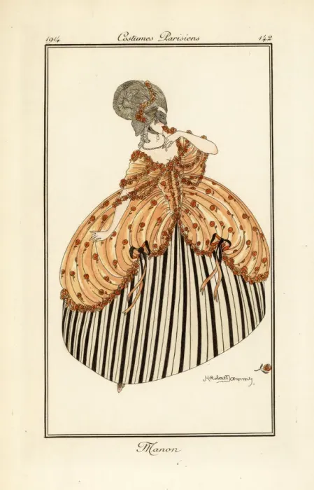 Framed Print : Woman in ball gown and mask, costume of Manon Lescaut Framed Print : Woman in ball gown and mask, costume of Manon Lescaut