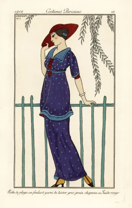 Framed Print : Woman in beach dress of blue foulard, red suede hat Framed Print : Woman in beach dress of blue foulard, red suede hat