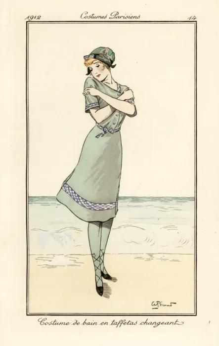 Framed Print : Woman on beach in swimming costume in two-tone taffeta Framed Print : Woman on beach in swimming costume in two-tone taffeta
