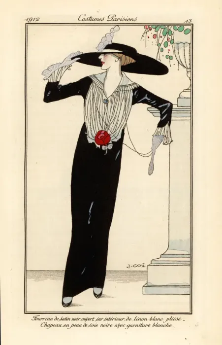 Framed Print : Woman in black satin sheath dress, black silk hat