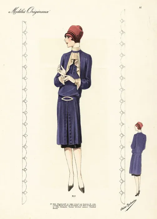 Framed Print : Woman in blue afternoon dress of crepe mongol over a satin slip Framed Print : Woman in blue afternoon dress of crepe mongol over a satin slip