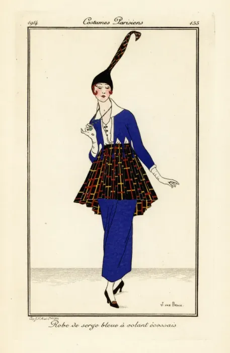 Framed Print : Woman in blue dress with modernist pattern skirt and hat Framed Print : Woman in blue dress with modernist pattern skirt and hat
