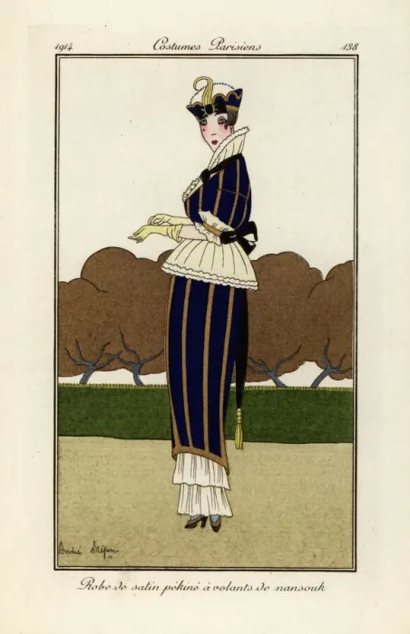 Framed Print : Woman in blue and yellow striped pekin silk satin dress