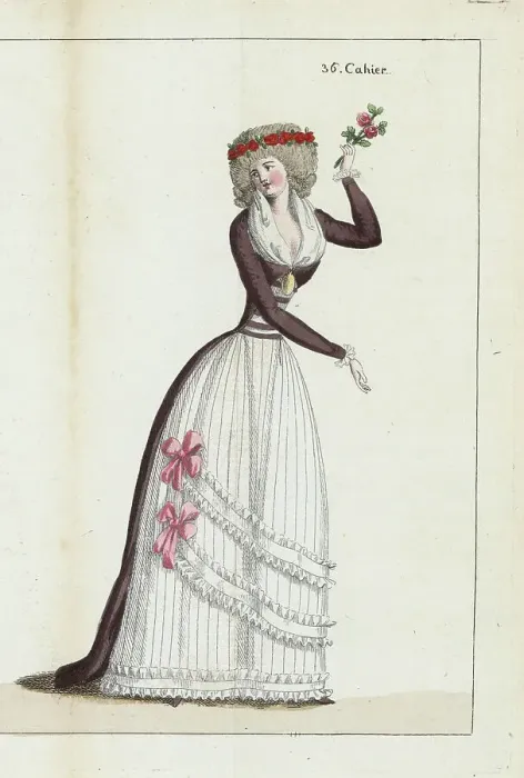 Framed Print : Woman in brown satin gown and white petticoat, 1791 Framed Print : Woman in brown satin gown and white petticoat, 1791