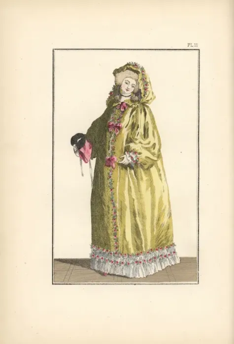 Framed Print : Woman in canary-yellow taffeta hooded cape Framed Print : Woman in canary-yellow taffeta hooded cape