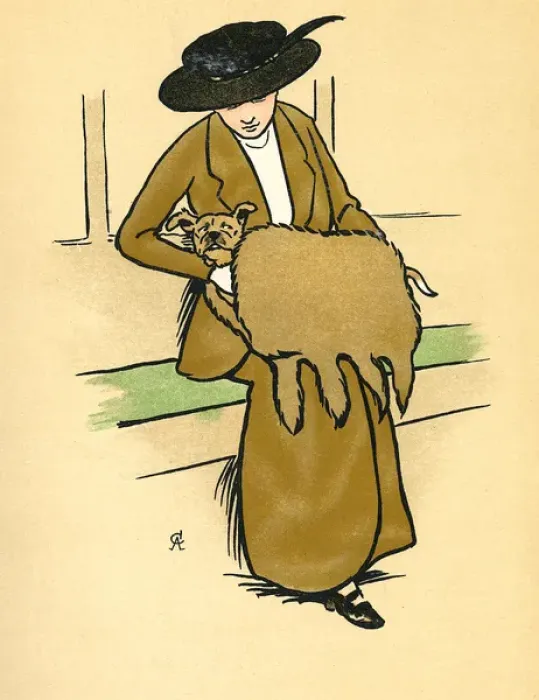 Framed Print : Woman carrying a mongrel puppy in her fur muff Framed Print : Woman carrying a mongrel puppy in her fur muff