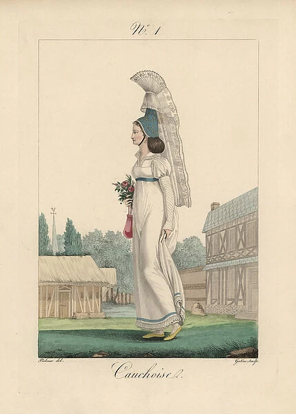Woman of Caux in white dress, tall blue bonnet