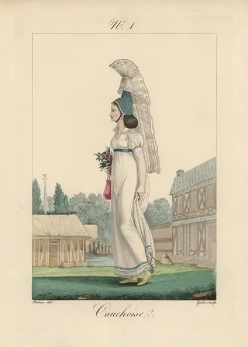 Framed Print : Woman of Caux in white dress, tall blue bonnet Framed Print : Woman of Caux in white dress, tall blue bonnet