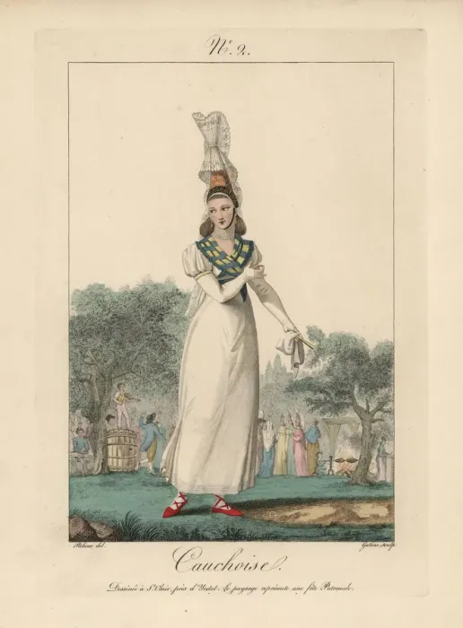 Framed Print : Woman of Caux in white dress, tall bonnet with lace tails at a harvest festival in an orchard Framed Print : Woman of Caux in white dress, tall bonnet with lace tails at a harvest festival in an orchard