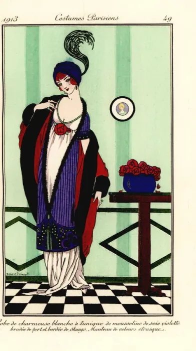 Framed Print : Woman in charmeuse gown, violet tunic and cape Framed Print : Woman in charmeuse gown, violet tunic and cape