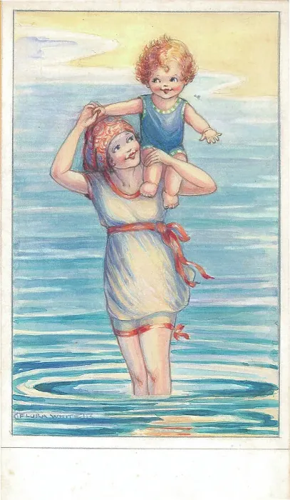 Framed Print : Woman and child bathing in the sea / lake Framed Print : Woman and child bathing in the sea / lake