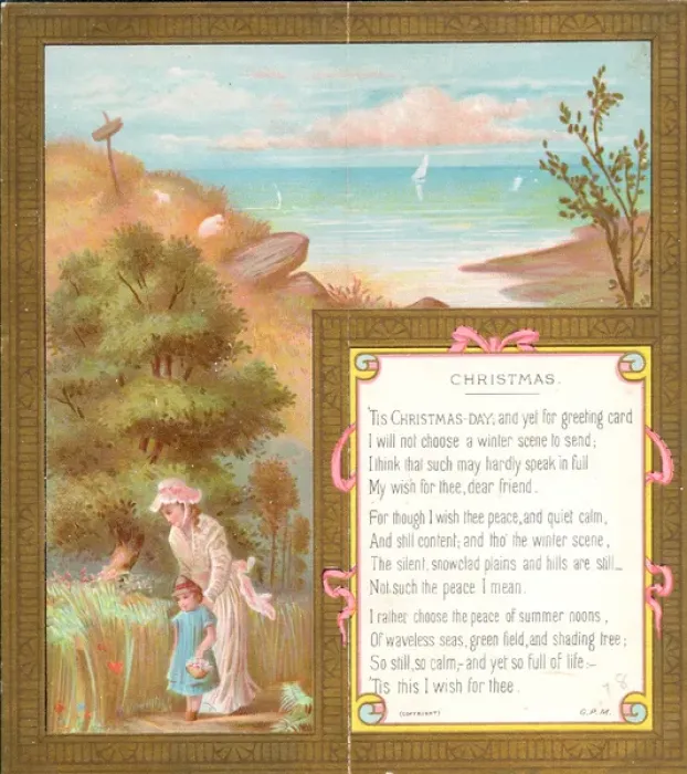 Framed Print : Woman and child in summer scene on a Christmas card Framed Print : Woman and child in summer scene on a Christmas card
