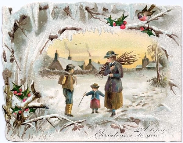 Woman and children with firewood on a Christmas card