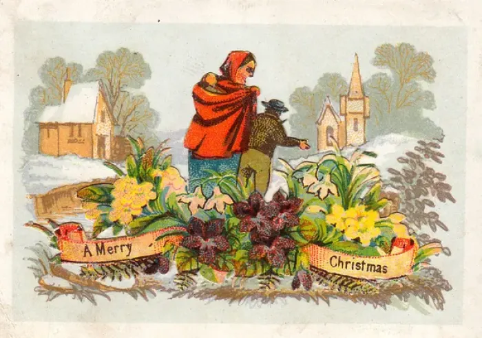 Framed Print : Woman and children with flowers on a Christmas card Framed Print : Woman and children with flowers on a Christmas card