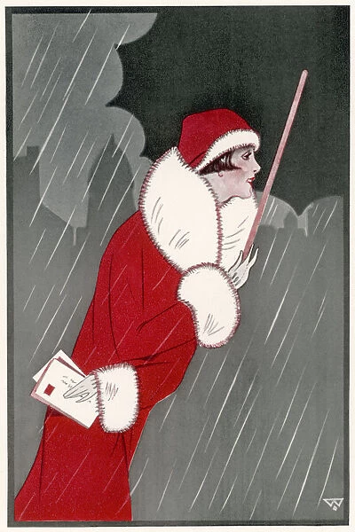 Woman in Christmas outfit, posting letters, rain