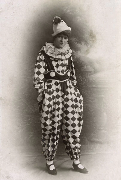 Woman in clown fancy dress outfit
