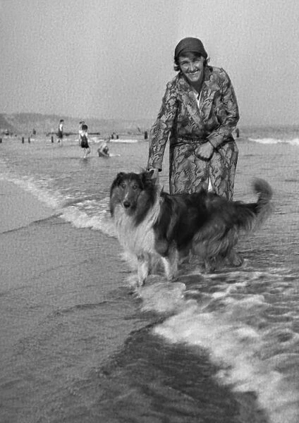 Woman and collie dog paddling in the sea