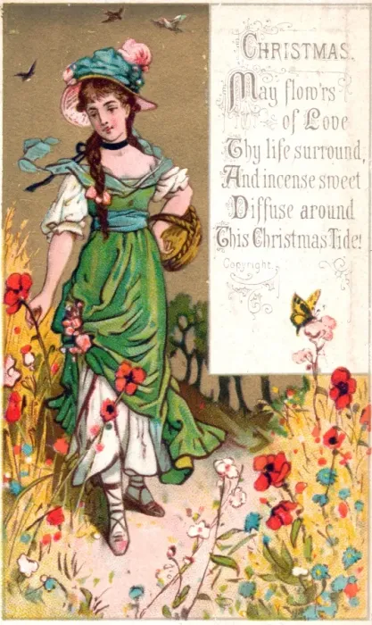 Framed Print : Woman in cornfield with poppies on a Christmas card Framed Print : Woman in cornfield with poppies on a Christmas card
