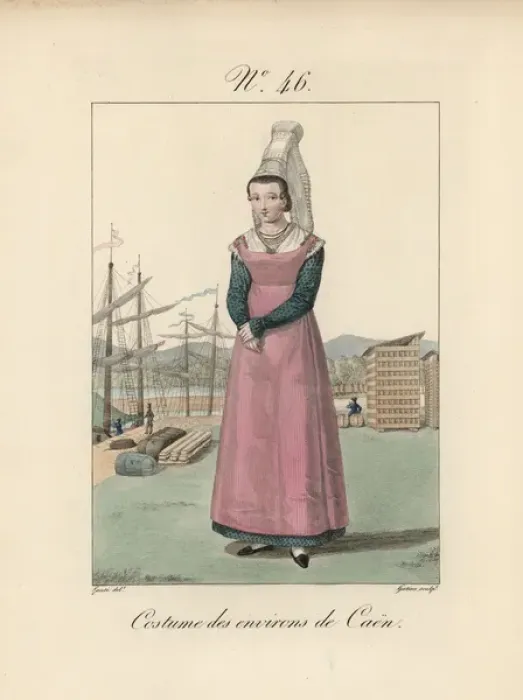 Framed Print : Woman in costume of Caen in front of sailing Framed Print : Woman in costume of Caen in front of sailing