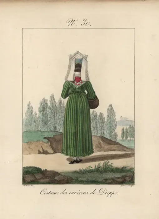 Framed Print : Woman in costume of Dieppe. Rear view of the tall bavolet bonnet with two long lace tails Framed Print : Woman in costume of Dieppe. Rear view of the tall bavolet bonnet with two long lace tails