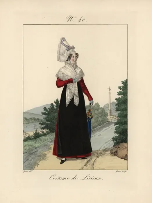 Framed Print : Woman in costume of Lisieux She wears a pink Framed Print : Woman in costume of Lisieux She wears a pink