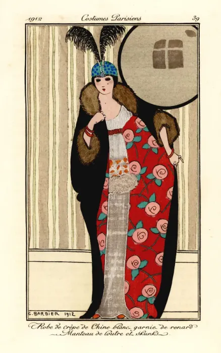 Framed Print : Woman in crepe de chine dress, cape of otter and skunk fur Framed Print : Woman in crepe de chine dress, cape of otter and skunk fur