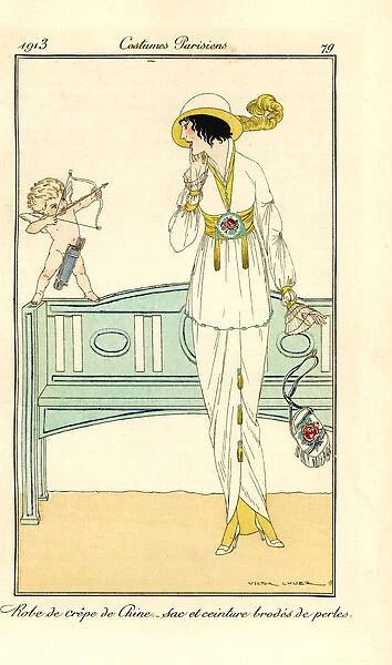 Woman in crepe-de-chine gown with cupid, 1913