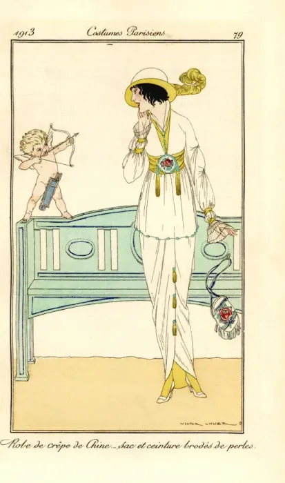 Framed Print : Woman in crepe-de-chine gown with cupid, 1913 Framed Print : Woman in crepe-de-chine gown with cupid, 1913
