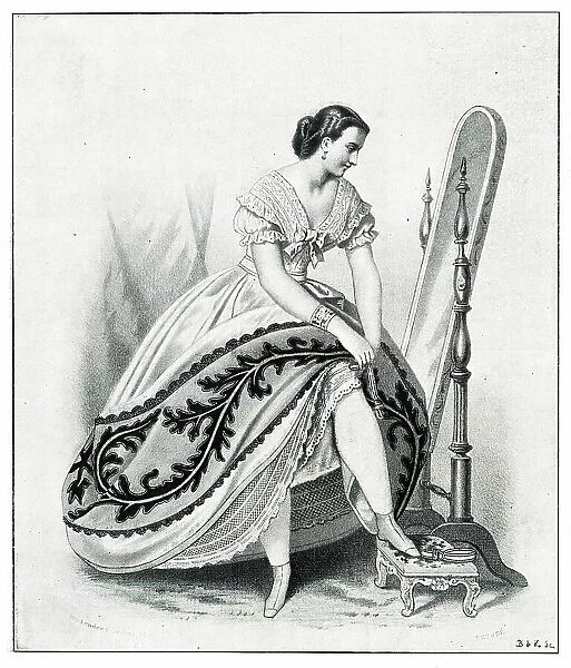 Woman in crinoline dress, getting ready to go out