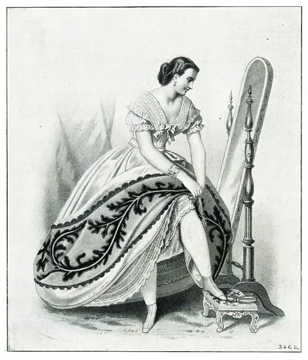Framed Print : Woman in crinoline dress, getting ready to go out Framed Print : Woman in crinoline dress, getting ready to go out