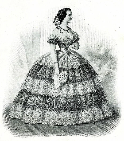 Woman in a crinoline evening dress