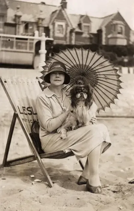 Framed Print : Woman with dog and parasol on a beach Framed Print : Woman with dog and parasol on a beach