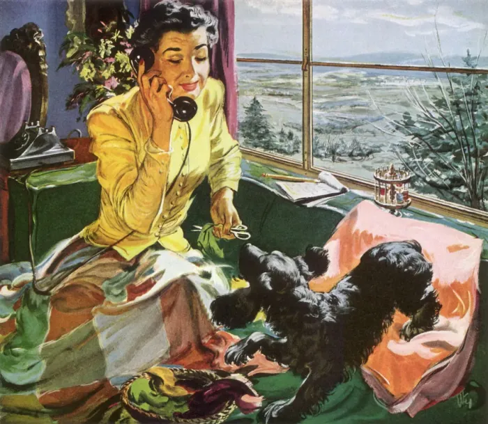 Framed Print : Woman with Dog on Phone Date: 1950 Framed Print : Woman with Dog on Phone Date: 1950