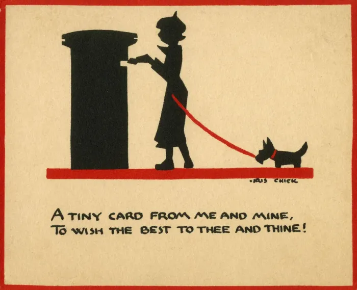Framed Print : Woman with dog posting a Christmas card Framed Print : Woman with dog posting a Christmas card