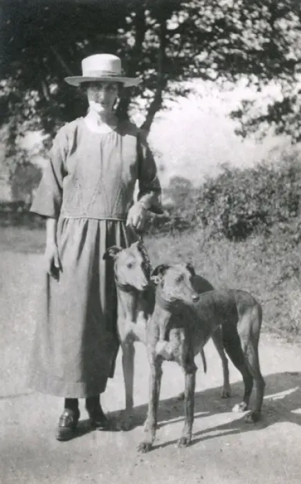 Framed Print : Woman with two dogs on a country lane