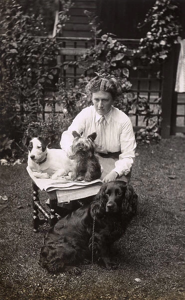 Woman with three dogs in the garden
