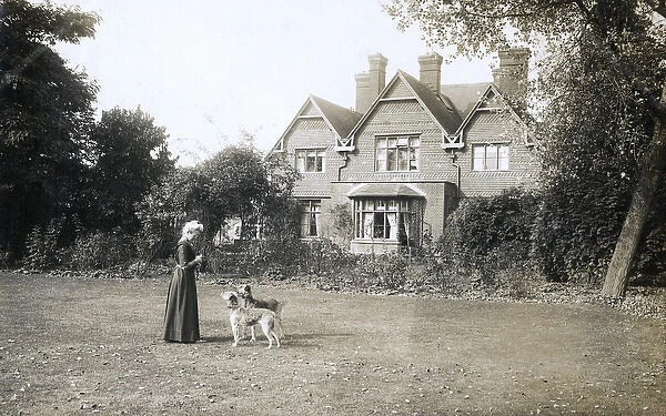 Woman and dogs in back garden