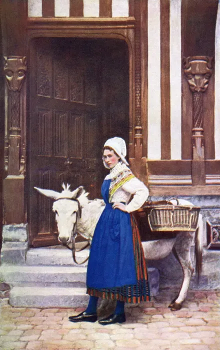 Framed Print : Woman with donkey, Normandy, Northern France Framed Print : Woman with donkey, Normandy, Northern France