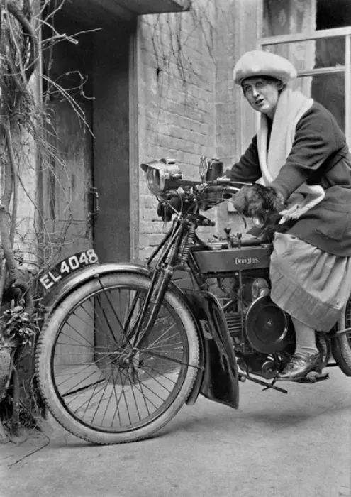 Framed Print : Woman on a Douglas motorbike Framed Print : Woman on a Douglas motorbike