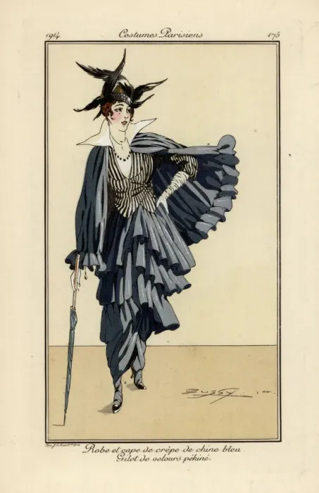Framed Print : Woman in dress and cape of bleu crepe de chine Framed Print : Woman in dress and cape of bleu crepe de chine