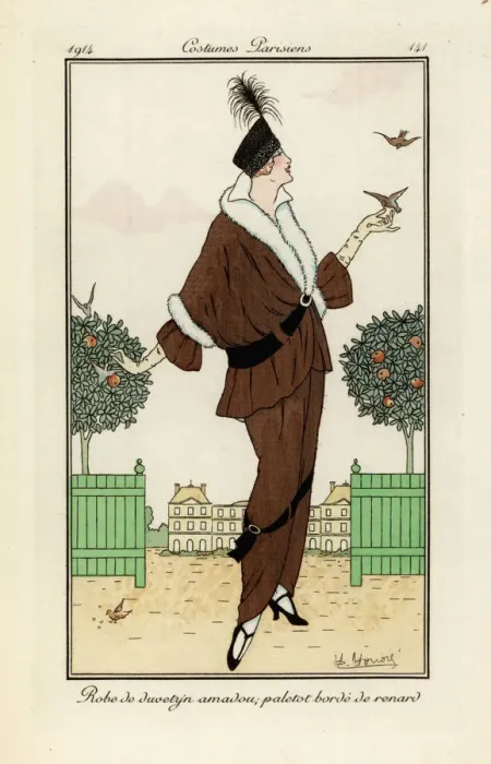 Framed Print : Woman in dress of duvetyn and jacket bordered in fox fur Framed Print : Woman in dress of duvetyn and jacket bordered in fox fur