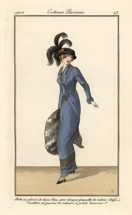Framed Print : Woman in dress and long jacket of blue wool velvet Framed Print : Woman in dress and long jacket of blue wool velvet