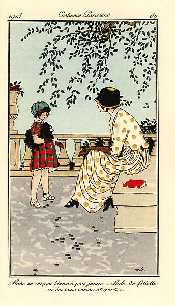 Woman in dress of polka-dot crepon, and girl with dog