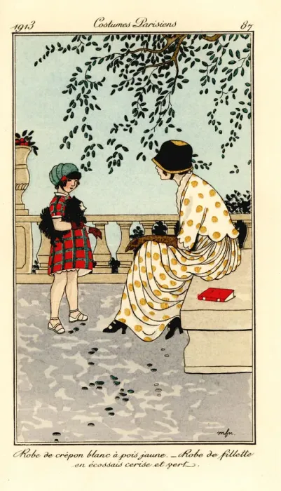 Framed Print : Woman in dress of polka-dot crepon, and girl with dog Framed Print : Woman in dress of polka-dot crepon, and girl with dog