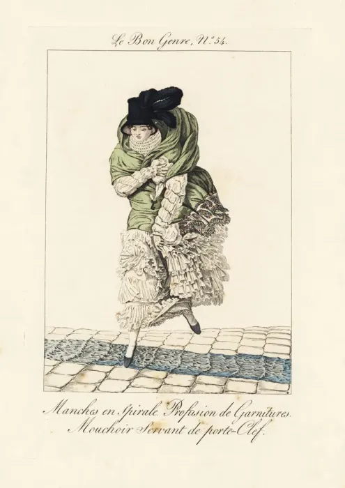 Framed Print : Woman in dress with spiral sleeves, ruffs and flounces Framed Print : Woman in dress with spiral sleeves, ruffs and flounces